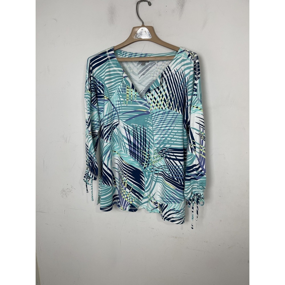 T by Talbots Womens L Large Tunic Top Blouse V-Neck Drawstring Tropical Palm